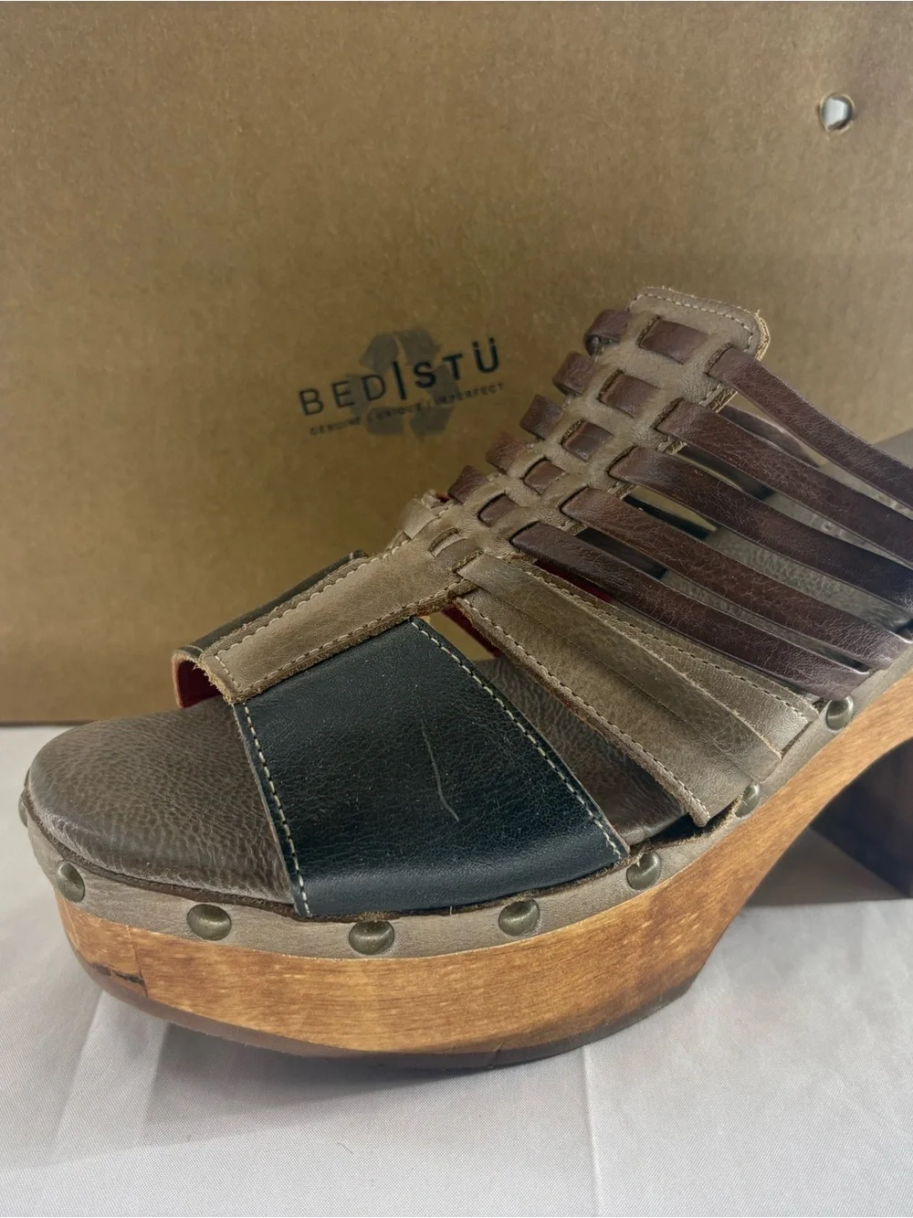 Bed Stu Shantel Brown and Black Leather Strappy Platform Clog Womens 10